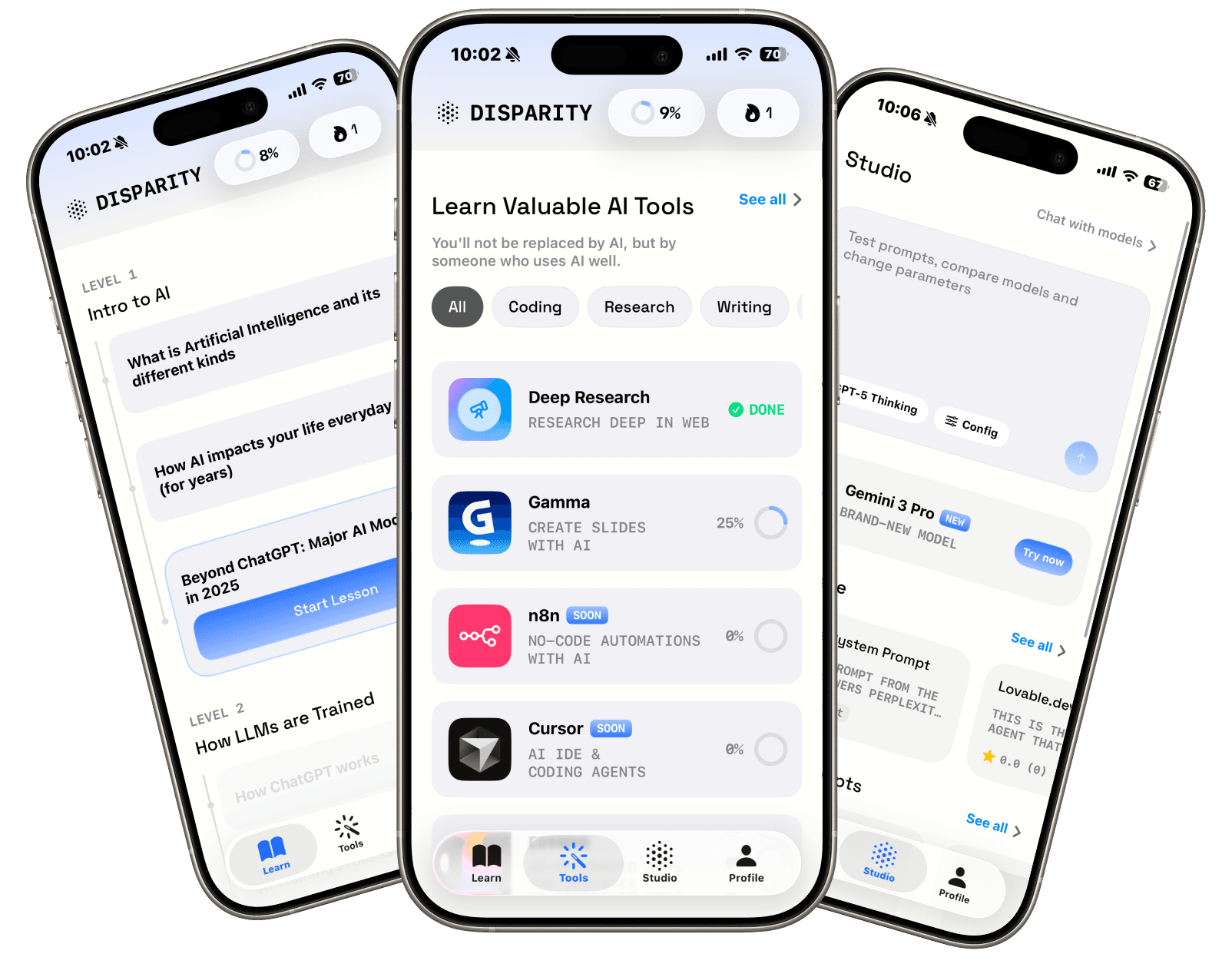 Disparity app screenshots showing Learn, Tools, and Studio tabs